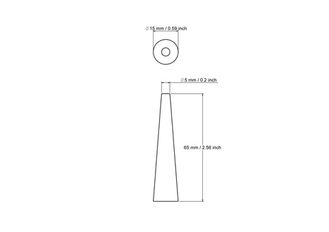 Tehniline joonis: 15 x 65 mm treitud puidust koonus