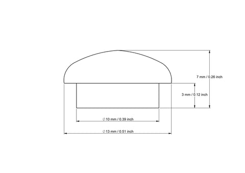 tehniline joonis: 10 mm seenekujulised nuppkorgid koos dimensions