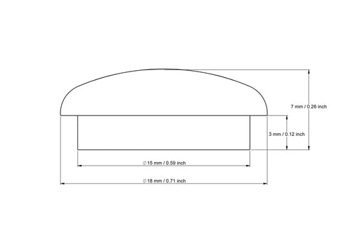 tehniline joonis: 15 mm seenekujulised nuppkorgid koos dimensions
