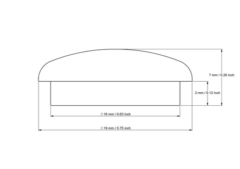 tehniline joonis: 16 mm seenekujulised nuppkorgid koos dimensions
