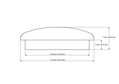 tehniline joonis: 20 mm seenekujulised nuppkorgid koos dimensions