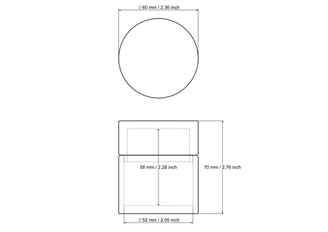 tehniline joonis: 60 x 70 mm puidust ümar rohukarp