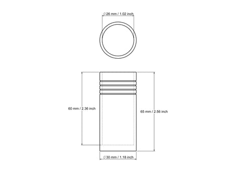 tehniline joonis: 30 x 65 mm treitud puidust silindriline anum
