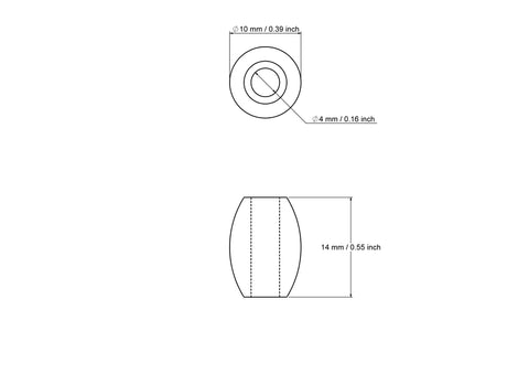 tehniline joonis: 10 x 14 mm puidust tünnipärlid koos 4 mm hole