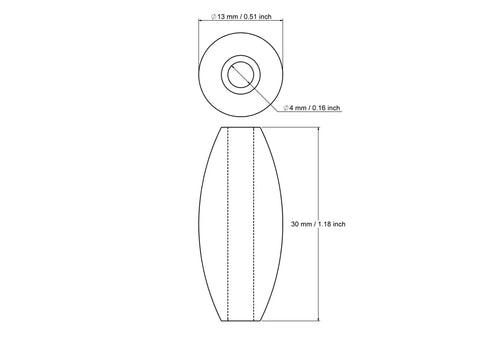 tehniline joonis: 13 x 30 mm puidust tünnipärlid koos 4 mm hole