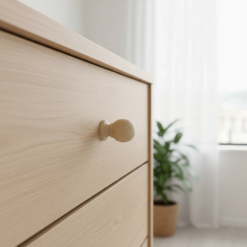 33 mm ümar oak puidust mööblinupp installed on cabinet door