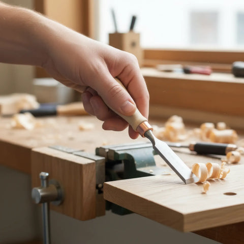 Wood nikerdamine chisel koos 80 mm kooniline puidust tool handle kasutuses on workbench