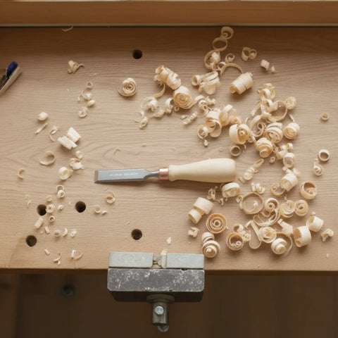 Wood nikerdamine chisel koos turned kooniline puidust handle kasutatud peal workbench
